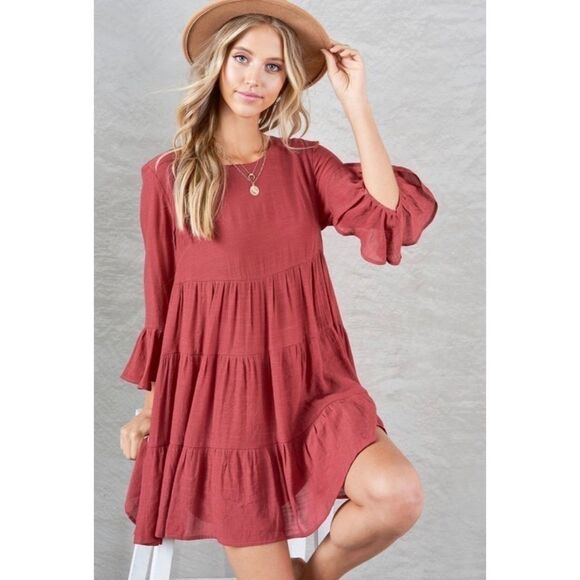 La Miel Boho Chic Bell Sleeve Mini Dress Marsala Color NWT Size Large - Picture 1 of 11